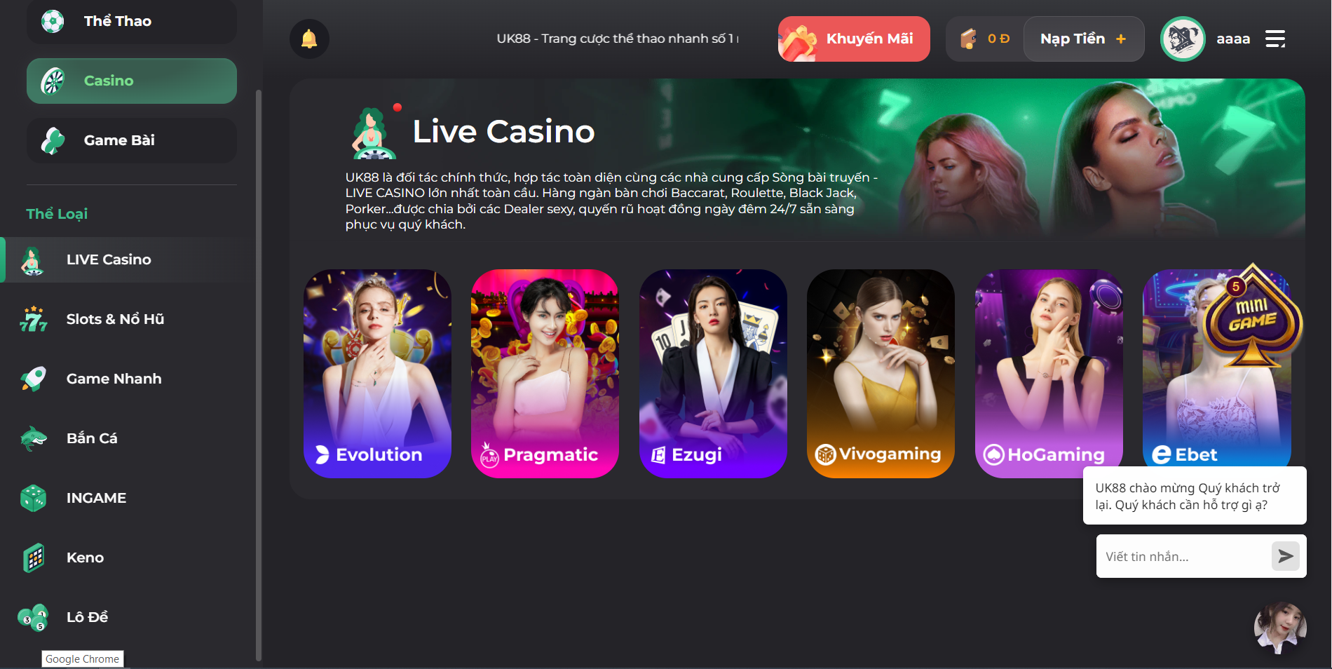 Game bài casino trực tuyến trên nhà cái UK88