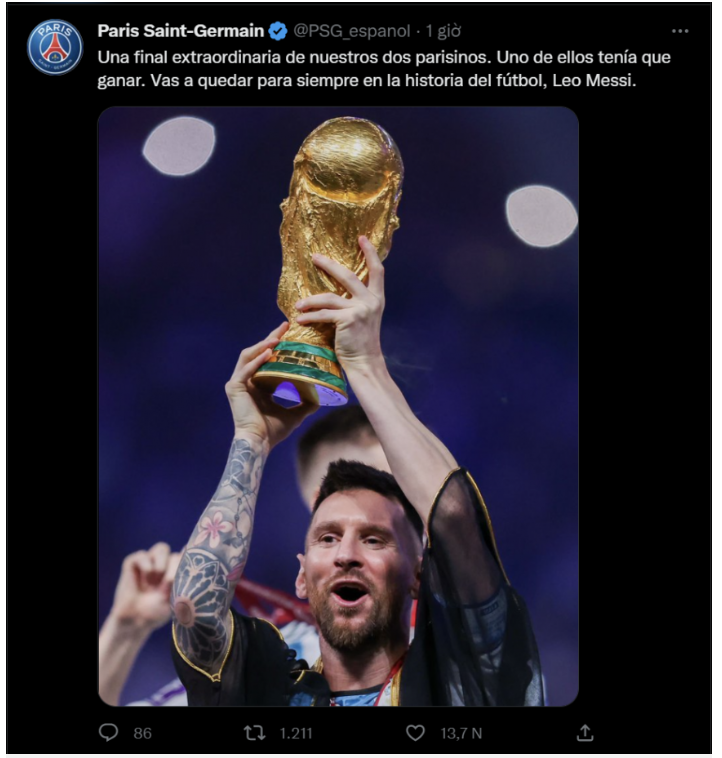 PSG chúc riêng Messi ở tài khoản phụ dành riêng cho người dùng tiếng Tây Ban Nha