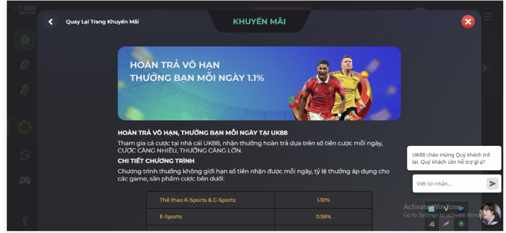 Những điều kiện nhận khuyến mãi hoàn trả 1.1% của link vao UK88 